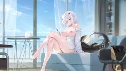 1girls animated azur_lane blouse blush breasts breasts_jiggling breasts_out closed_eyes edited explorer_(azur_lane) female_only hair_accessory hair_ornament holding_phone large_breasts legs_crossed living_room mofumochii nipples no_sound partially_clothed phone siren_(azur_lane) sitting_on_couch smile solo_female tail third-party_edit video white_blouse white_hair yellow_eyes