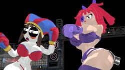 2girls 3d 3d_(artwork) angry arena big_breasts blockyobjectawesomer boxing boxing_gloves boxing_ring bra breasts brown_hair catfight cleavage female_focus female_only fight fighting fighting_ring garter_belt garter_straps glitch_productions height_difference huge_breasts jester jester_girl jester_hat kabalmystic_(style) large_breasts lingerie panties pomni_(the_amazing_digital_circus) purple_boxing_gloves purple_gloves ragatha_(the_amazing_digital_circus) red_boxing_gloves red_gloves red_hair ryona saved_by_the_bell scared scared_expression short_hair size_difference the_amazing_digital_circus thick thick_thighs thighhighs thighs thong