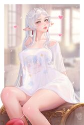 1girls blush blush_lines blushing_at_viewer breasts breasts_out curvaceous curvaceous_body curvaceous_female curvaceous_figure curves curvy curvy_body curvy_female curvy_figure curvy_hips elf elf_ears elf_female elf_girl female female_only frieren frieren_stuck_in_a_mimic_(meme) heart-shaped_pupils hips hips_wider_than_shoulders huge_thighs massive_thighs medium_breasts mimic mimic_chest nipple_bulge nipple_outline nipples nipples_visible_through_clothing oversized_clothes oversized_shirt perky_breasts perky_nipples pinup prywinko sexy sexy_pose sousou_no_frieren thick_legs thick_thighs thunder_thighs thunderthighs tits_out wide_hips wide_thighs