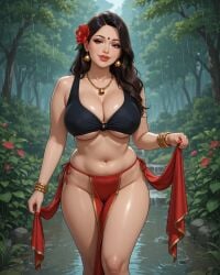 1girls ai_assisted ai_generated bangle bell_earrings bell_necklace belly_button bindi black_hair black_outline cleavage earrings eyelashes female flower_in_hair gold_trim grok hair_over_shoulder holding_clothing indian indian_female large_breasts lipstick loincloth long_hair loose_hair midriff milf nature_background necklace no_panties outdoors pelvic_curtain pelvic_line raining rgomez007 seductive_look self_upload skindentation sleeveless sleeveless_blouse smiling_at_viewer solo_female stable_diffusion standing thick_lips thick_thighs underboob voluptuous wide_hips
