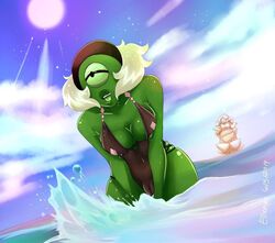 1girls alien alien_girl alien_humanoid bathing_suit beach bikini blue_skin breasts cartoon_network cleavage cyclops female female_only gem_(species) in_water kandiknips nephrite_(steven_universe) one_eye solo splashing steven_universe sun swimsuit