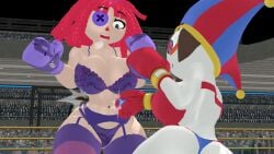 2girls 3d 3d_(artwork) arena ass big_ass big_breasts big_butt blockyobjectawesomer body_shot boxing boxing_gloves boxing_ring bra breasts brown_hair catfight cleavage female_focus female_only fight fighting fighting_ring glitch_productions height_difference huge_breasts jester jester_girl jester_hat kabalmystic_(style) large_ass large_breasts lingerie panties pomni_(the_amazing_digital_circus) punch punch_to_the_side punching purple_boxing_gloves purple_gloves ragatha_(the_amazing_digital_circus) red_boxing_gloves red_gloves red_hair ryona short_hair size_difference spleen_punch the_amazing_digital_circus thighhighs thong