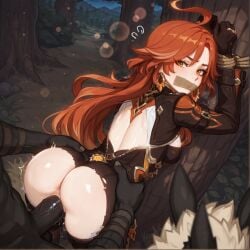 1boy ? ahoge ai-generated ai_generated anus ass backboob black_gloves black_skin blush bondage bound bound_wrists breasts brokewyt bush churled dark-skinned_male dark_skin doggy_style earrings female flying_sweatdrops gag gagged genshin_impact gloves grass hilichurl_(genshin_impact) hilichurls_(species) hoyoverse improvised_gag interracial interspecies jewelry long_hair looking_at_viewer looking_back mavuika_(genshin_impact) medium_breasts mihoyo outdoors penis rape restrained ring rope sex sex_from_behind solo_focus straight sweat torn_clothes torso_grab tree trembling uncensored vaginal_penetration