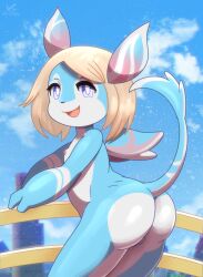 aeval_(genshin_impact) anthro aquatic ass barely_visible_genitalia blonde_hair blue_body casual_nudity digital_media_(artwork) female genitals genshin_impact hair hi_res looking_at_viewer looking_back melusine_(genshin_impact) mihoyo multicolored_body nipples nude outside pink_body pink_nipples presenting presenting_hindquarters purple_eyes short_hair solo tail vulva white_body zeklullaby