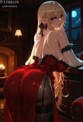 ai_generated artist_name ass back backless_outfit bakemonogatari bangs bare_shoulders bent_over black_pantyhose black_ribbon black_thighhighs blonde_hair blurry_background breasts chair clothing detached_sleeves dress earrings elbow_gloves female female_only fire fireplace from_behind full_moon fur-trimmed_dress fur_trim garter_straps gloves grin hair_between_eyes hair_ribbon indoors jewelry kiss-shot_acerola-orion_heart-under-blade kizumonogatari large_breasts legwear lingerie long_hair looking_at_viewer looking_back makeup monogatari_(series) moon night night_sky oshino_shinobu pantyhose parted_lips patreon_username pointy_ears red_dress ribbon side_slit smile solo strapless strapless_dress thighhighs thighs vampire vantawaifu very_long_hair white_gloves window yellow_eyes