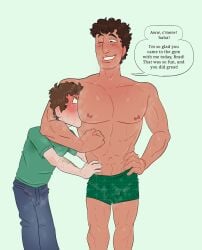 2boys after_workout armpits bara barazoku biracial biracial_male bradley_(mr_shrink) bro_talk bros bros_being_bros brown_eyes brown_hair bullying curly_hair digital_drawing_(artwork) digital_media_(artwork) english english_text flexing_arms gay green_eyes green_shirt gym half_indian half_irish harper_(mr_shrink) head_restrained innocent innocent_expression innocent_smile jeans male male_focus male_only mr_shrink muscular muscular_arms muscular_male original original_character original_characters restrained_head short_hair shorter_male size_difference smaller_male_larger_male smiling_at_partner smiling_at_viewer steamy steamy_armpits steamy_breath sweat sweatdrop sweating sweaty sweaty_body taller_male taller_man trapped unable_to_escape unable_to_speak underwear underwear_only winking winking_at_partner yaoi