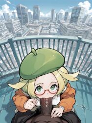 1boy 1girls ai-generated ai_generated bel_(pokemon) bianca_(pokemon) blonde_hair breasts brokewyt building city cloud dark-skinned_male day eyelashes fellatio female glasses green_eyes green_headwear hat jacket long_sleeves looking_at_viewer oral orange_jacket outdoors pants penis pokemon pokemon_bw2 pov saliva semi-rimless_eyewear short_hair sky straight veins