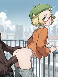 1boy 1girls ai-generated ai_generated ass bel_(pokemon) beret bianca_(pokemon) blonde_hair bow breasts brokewyt clothed_sex clothes_pull dark-skinned_male dark_skin day female glasses green_eyes green_headwear hat interracial jacket large_penis long_sleeves open_mouth orange_jacket outdoors pants pants_pull penis pokemon pokemon_bw2 red-framed_eyewear semi-rimless_eyewear sex sex_from_behind short_hair sky solo_focus standing standing_sex straight testicles tongue tongue_out uncensored veins veiny_penis watch white_bow white_shirt