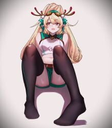:3 :d absurdres aqua_shorts bare_shoulders belt black_thighhighs blonde_hair breasts brown_belt chest_harness collared_shirt commentary contrast_collar cropped_shirt double-parted_bangs english_commentary fake_antlers female goggles goggles_on_head hair_between_eyes hair_ribbon halter_shirt halterneck harness highres hikamio knees_up long_hair long_sidelocks looking_to_the_side medium_breasts navel nijisanji nijisanji_en no_panties no_shoes open_mouth pointy_ears pomu_rainpuff ponytail pussy pussy_peek red_eyes ribbon shadow shirt short_shorts shorts sidelocks simple_background sitting sleeveless sleeveless_shirt smile solo stomach thighhighs upshorts virtual_youtuber white_shirt
