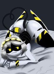 1girls android ass_up big_ass female female_only headband laying_on_bed murder_drones nuermuk on_knees posing robot_girl robot_humanoid smug squished_breasts stinger tail thick_thighs v_(murder_drones) visor white_hair white_skin white_skinned_female yellow_eyes
