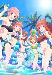 5girls :d ahoge armpits ball bare_shoulders beachball bikini black_bikini blue_bikini blue_sky blush breasts brown_hair butterfly_hair_ornament cleavage collarbone contrapposto copyright_name female_focus frilled_bikini frills from_side front-tie_bikini_top front-tie_top go-toubun_no_hanayome green_bikini hair_between_eyes hair_ornament hair_ribbon hand_on_own_hip highres holding holding_ball holding_swim_ring innertube japanese_text large_breasts light_rays long_hair looking_at_viewer medium_hair midriff multiple_girls nakano_ichika nakano_itsuki nakano_miku nakano_nino nakano_yotsuba navel official_art open_mouth orange_hair outdoors outstretched_hand palm_tree partially_submerged pink_hair ponytail purple_eyes red_bikini red_hair ribbon shiny_skin short_hair siblings side-tie_bikini_bottom sisters sky smile standing star_(symbol) star_hair_ornament striped_bikini striped_clothes sun sunbeam sunlight swim_ring swimsuit thigh_gap tree two_side_up water water_slide