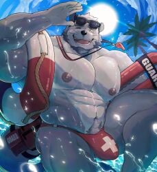 2025 abs anthro areola barazoku beard bent_leg biceps big_bulge big_muscles body_hair bulge clothed clothing cloud day english_text eyebrows eyewear eyewear_on_head facial_hair fur hair happy_trail hi_res holding_object huge_bulge huge_muscles kemono lifeguard looking_at_viewer male mammal muscular muscular_anthro muscular_male mustelid navel nipples on_one_leg one_eye_closed open_mouth open_smile otter outside palm_tree partially_submerged pecs plant pubes rescue_buoy retsito sky smile solo sparkles speedo splash standing sun sunglasses sunglasses_on_head swim_ring swimwear text thick_arms thick_thighs topless topless_anthro topless_male tree tuft water wave wet wet_body wet_fur whiskers whistle_(object) wink