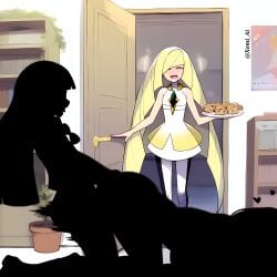 ai_generated blonde_hair blush caught caught_in_the_act cookie futanari happy hearts_around_head lillie_(pokemon) lusamine_(pokemon) motion_lines open_mouth opening_door pokemon selene_(pokemon) sex text watermark xemi_ai