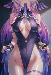 ai_generated citlali_(genshin_impact) curvy_body curvy_female curvy_figure face_out_of_frame female female_focus genshin_impact no_panties one_piece_suit pink_hair raaicave