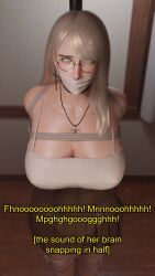 1girls 3d 3d_(artwork) ahe_gao arms_behind_back bagged_hands black_choker blender blender_eevee blonde_hair blue_eyes bondage bound bound_ankles bound_wrists captured choker cloth_gag collar cross_earrings cross_necklace english_text gag gagged glasses grace_(osimai) helpless huge_breasts kidnapped lip_piercing loafers mind_break mind_broken mouth_stuffed muffled muffled_moaning muffled_scream muffled_speech neck_tied nose_piercing nose_ring original_character osimai otm_gag pleated_skirt pole pole_tied rope rope_bondage shoes skirt tank_top text tied_to_pole tied_up worried worried_expression