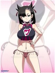 artist_logo artist_name big_breasts bikini_bottom black_hair breasts clothed female game_freak green_eyes hand_on_hip hand_on_own_hip hourglass_figure layerth looking_at_viewer marnie_(pokemon) nintendo pokemon pokemon_ss solo thick_thighs topwear zoom_layer