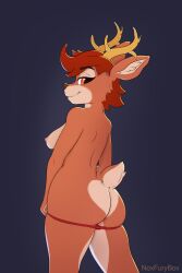 anthro ass breasts clothing deer digital_media_(artwork) female furry hi_res horn looking_at_viewer mammal nipples noxfurybox nude panties red_hair simple_background smile solo standing underwear