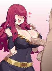 1boy 1girls alternate_breast_size alternate_version_available balls big_balls big_breasts blush bodysuit breasts cleavage color female fire_emblem fire_emblem_engage fire_emblem_heroes happy happy_paizuri happy_sex heart huge_breasts kiran_(fire_emblem) kiran_(fire_emblem)_(male) large_breasts large_penis male paizuri penis perpendicular_paizuri precum red_hair shaking smile squeezing_breast star straight tetsu_chokoreto textless yunaka_(fire_emblem)