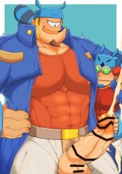 ammo_baron ammonian_soldier balls bara big_balls big_penis blush boner censored cum cyclops erection gay handjob huge_cock male male_only muscles muscular orgasm penis penis_out shantae shiro_tora