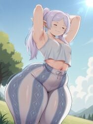 1girls ai_generated el_memc elf elf_ears elf_female female female_focus female_only frieren light-skinned_female light_skin memch0 midriff small_breasts solo sousou_no_frieren thick_thighs thighs wide_hips