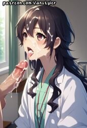 1girls ai_generated ameku_takao ameku_takao_no_suiri_karte big_penis black_hair blush brown_eyes clothed coat covered_in_cum cum cum_in_mouth cum_in_tongue doctor embarrassed female genital_fluids indoors labcoat long_hair looking_pleasured off_screen_character off_screen_male_character open_mouth open_mouth patreon penis petite petite_body tongue tongue_out vanstyler white_coat young young_female