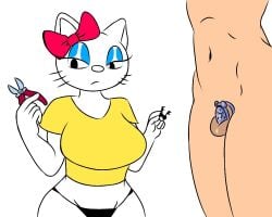 1boy 1girls anthro artist_name big_breasts black_panties bowtie chastity chastity_cage clothed clothed_female clothed_female_nude_male clothing cuckold cum domestic_cat female female_focus femdom flat_chastity_cage hello_kitty hello_kitty_(character) hello_kitty_(series) keyholder kitty_white leaking leaking_precum looking_back male malesub nude nude_male panties precum precum_drip sanrio shirt submissive submissive_male tagme white_body white_fur