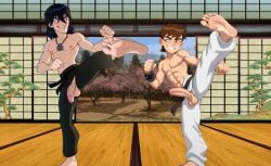 ai_generated balls barefoot cock dick dick_out dojo edited exposed_penis gay indoors karate karate_gi kicking male/male male_feet male_only males_only malesub martial_arts muscular_males penis shirtless_(male) sweaty training training_room yaoi