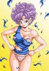 afro bare_shoulders beaten beauty_mark blue_eyes bra collarbone dragon_ball dragon_ball_(classic) eyelashes female lips lipstick looking_at_viewer mole panties purple_hair ranfan red_lipstick seductive simple_background smile tagme torn_clothes yellow_background youngjijii