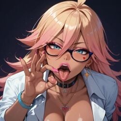 1female ai_generated alternate_body_type alternate_costume alternate_hair_color big_breasts blonde_hair blowjob_gesture boku_no_hero_academia glasses gyaru light_blue_eyes midnight_(my_hero_academia) nemuri_kayama seductive_pose solo_female tanned_female tanned_skin unbuttoned_shirt