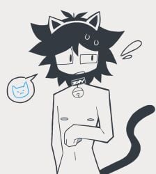 1boy abbie_(fundamental_paper_education) arms_behind_back belly_button cat_ears cat_tail femboy fundamental_paper_education naked nipples shy solo speech_bubble tagme twink zvyy