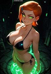 ai_generated ben_10 black_bikini glowing_eyes gwen_tennyson jorenran lights looking_at_viewer neon_lights orange_hair sexy teenage_girl teenager