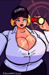 artist_signature blonde_hair blue_eyes breasts cleavage five_nights_at_freddy's five_nights_at_freddy's:_security_breach flashlight obese security_guard signature solo top vanessa_(fnaf)