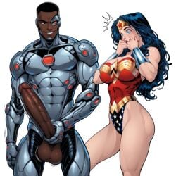 ai_generated armored_male blush cleavage cock_awe cock_shock cyborg cyborg_(dc) dark-skinned_male dc dc_comics diana_prince huge_balls huge_cock hyper_penis imminent_sex interracial justice_league pale-skinned_female presenting_penis shocked shocked_expression victor_stone wide_eyed will_of_ai wonder_woman wonder_woman_(series)