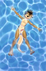 2019 anthro balls brown_body brown_fur brown_hair chest_tuft digital_media_(artwork) fur girly hair hi_res lutrine male mammal multicolored_body multicolored_fur mustelid one_eye_closed open_mouth ozzy_otter penis punk-pegasus skinny_dipping solo swimming tattoo tuft two_tone_body two_tone_fur water whiskers