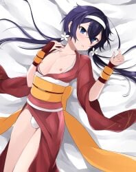 1boy bed_sheet black_hair blue_eyes blush bulge bungo_stray_dogs chrono_(makuro34) femboy flower genderswap_(ftm) hair_flower hair_ornament hairband izumi_kyouka_(bungo_stray_dogs) japanese_clothes kimono long_hair low_twintails lying male male_only nipples on_back open_clothes open_kimono otoko_no_ko parted_lips red_kimono rule_63 sash solo solo_male twintails underwear