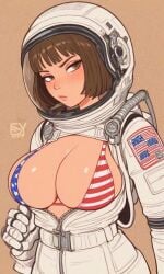 1girls ai_generated american_flag_bikini astronaut astronaut_helmet astronaut_suit bikini bikini_top blunt_bangs bob_cut breasts_out brown_eyes brown_hair flat_colors hazel_(kosine1777) kosine1777 kosineverse large_breasts original original_character