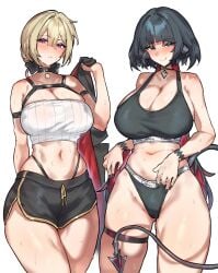 2girls aqua_eyes ass big_ass big_breasts big_thighs black_hair blonde_hair blush breasts butt crop_top evelyn_chevalier female gigantic_ass gigantic_breasts gigantic_thighs hoyoverse huge_ass huge_breasts huge_thighs jane_doe_(zenless_zone_zero) purple_eyes radishkek rat rat_ears rat_girl rat_tail short_hair shorts sweat sweatdrop sweating tagme thick_thighs thighs zenless_zone_zero