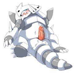 2015 animal_genitalia blush bodily_fluids cum cum_on_penis doneru erection feral genital_fluids genital_slit looking_at_viewer male male_only mega_aggron mega_evolution nintendo open_mouth penis pokémon_(species) pokemon pokemon_rse simple_background slit solo tapering_penis tongue video_games white_background