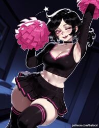 ai_generated arm_up armpits ashley_graves balecxi black_hair black_skirt black_thighhighs breasts cheerleader choker cleavage crop_top female holding_pom_poms looking_at_viewer navel one_eye_closed open_mouth patreon_username pink_eyes pleated_skirt pom_pom_(cheerleading) smile solo the_coffin_of_andy_and_leyley thighs zettai_ryouiki