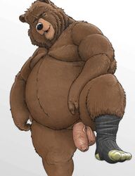 2016 anthro balls belly big_belly brown_body brown_fur clothing flaccid footwear foreskin fur half-erect hi_res humanoid_hands humanoid_penis kinkycoyote legwear looking_at_viewer male male_only mammal moobs nude overweight overweight_male penis simple_background smile socks solo standing teeth thick_thighs uncut unretracted_foreskin ursid vein veiny_penis