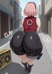 1girls ai_generated asstronomical back_view bike_shorts bubble_butt clapping_cheeks curvaceous_teen dumptruck_ass facing_away fat_ass fat_ass_teen female forced_to_twerk gold_boombox_(prevence) huge_ass naruto naruto_(series) naruto_shippuden pink_hair red_clothing sakura_haruno shaking_ass tagme teenage_girl teenager twerking voluptuous_teen