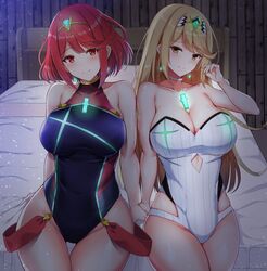 2girls bangs bare_shoulders bed blonde_hair blush breasts cleavage competition_swimsuit covered_navel female gem headpiece highres jewelry large_breasts long_hair looking_at_viewer multiple_girls mythra nintendo noeomi one-piece_swimsuit pyra short_hair smile swept_bangs swimsuit thigh_gap thighs tiara xenoblade_(series) xenoblade_chronicles_2 yellow_eyes