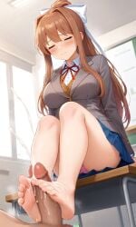 1boy 1girls ai_generated artist_name ass ass barefoot big_breasts blush bodily_fluids breasts brown_hair censored censored_penis classroom closed_eyes closed_eyes clothed clothed_female clothes clothing cum cum_on_feet cum_on_penis cumming desk doki_doki_literature_club ejaculation embarrassed embarrassed_female female flushed foot_fetish footjob hair hair_ribbon hairbow japanese_artist long_hair male monika_(doki_doki_literature_club) mosaic_censoring mosaic_censorship nervous nervous_face panties penis pink_panties public public_footjob public_sex school school_desk school_uniform schoolgirl seated sitting sitting_on_desk sitting_on_table skirt sweat thick_thighs thighs upskirt upskirt_view