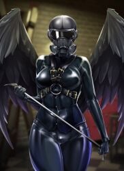 anthro basement belt bondage breasts clothing female fitting gas hi_res latex mask nastya_tan solo suit whip wings