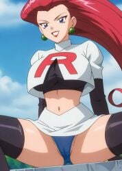 ass big_breasts blue_eyes blue_panties cameltoe gloves jessie_(pokemon) legs_apart legs_spread open_legs skirt smiling team_rocket team_rocket_uniform villainess