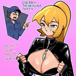 1boy 1boy1girl 1girls blonde_female blonde_hair blue_eyes bra breasts cleavage female female_focus leather leather_clothing leather_gloves leather_jacket light-skinned_female light_skin male marri_(selvish94) necklace oc original original_character selvish94