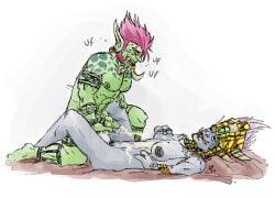 1boy 1girls barbell_piercing big_breasts blizzard_entertainment blue_skin cum cum_on_body cum_on_breasts cumshot female green_skin lamenbeast male nipple_piercing nude princess_talanji troll troll_(warcraft) warcraft world_of_warcraft zandalari_troll