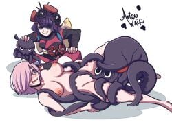 2girls a_painter areolae artsu_waifu black_hair blue_eyes blush breasts chest clothed cocky embarrassed fate/grand_order fate_(series) hair_ornament katsushika_hokusai_(fate) light_skin mash_kyrielight naked nipples nude octopus purple_eyes purple_hair tentacle tentacle_sex tongue_out