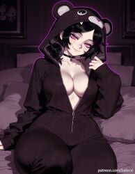 ai_generated animal_costume animal_ears ashley_graves balecxi bear_costume black_hair choker cleavage female hood hood_up large_breasts looking_at_viewer onesie patreon_username pillow pink_eyes sitting smile solo the_coffin_of_andy_and_leyley zipper_pull_tab