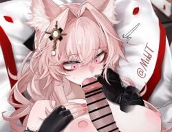 1boy 1girls 2025 animal_ears arknights bare_breasts bare_shoulders blowjob censor_bar censored gloves hi_res kemonomimi mildt no_bra nude nude_female pink_eyes pink_hair pozyomka_(arknights) wolf_ears wolf_girl